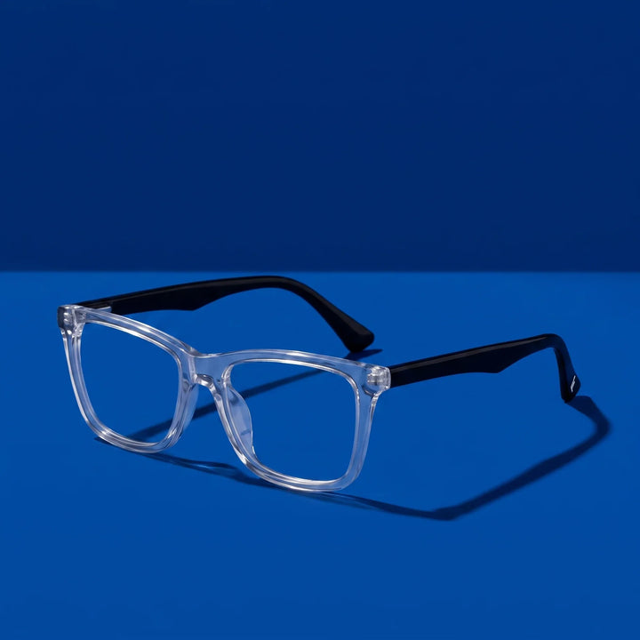 Anteojos Fiore 5228 en transparent – hero still life against a deep cobalt backdrop