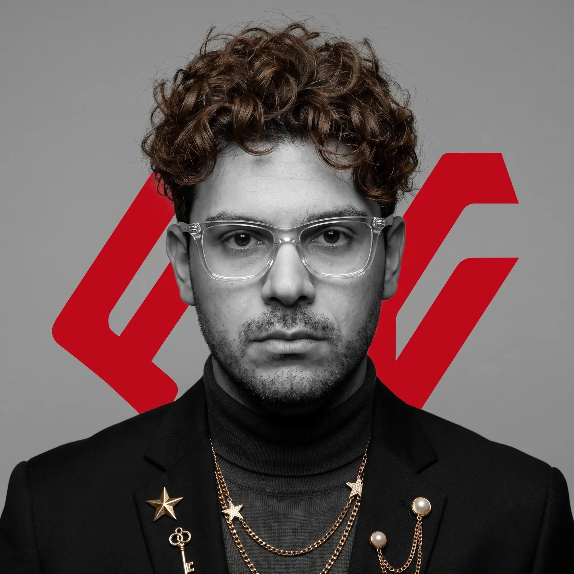 Anteojos Fiore 5228 en transparent, en modelo – retrato de campaña, graphic studio portrait with bold red shapes