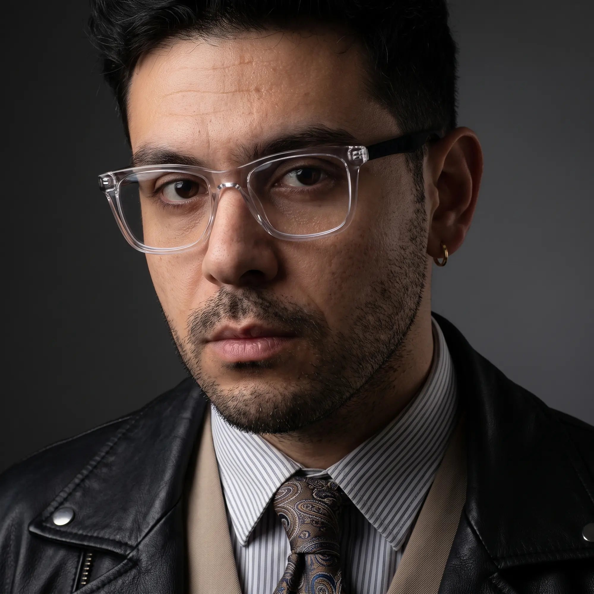 Anteojos Fiore 5228 en transparent, en modelo – retrato de campaña, minimal studio portrait in soft daylight