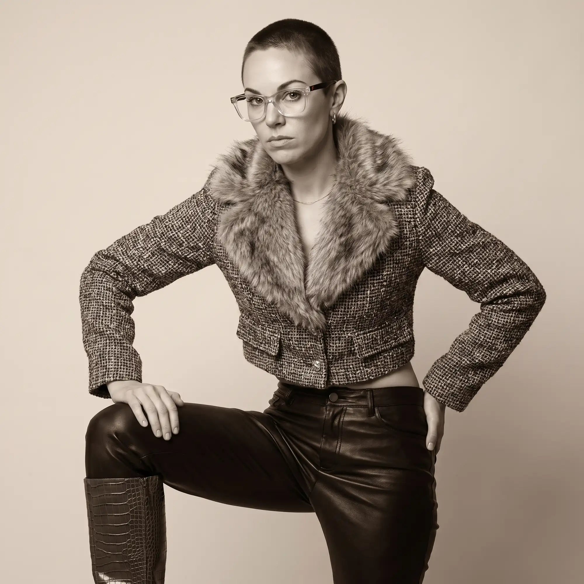 Anteojos Fiore 5228 en transparent, en modelo – retrato de campaña, full-length studio portrait in tweed and leather