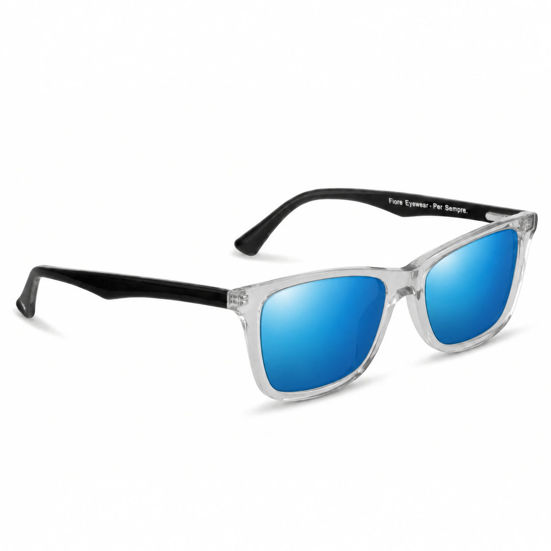 Lentes de sol Fiore 5228 Transparente cristal Espejado Azul polarizado vista tres cuartos unisex #color_espejado-azul