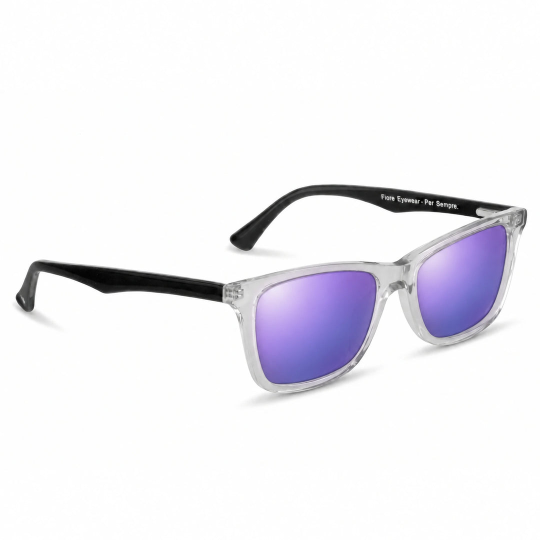 Lentes de sol Fiore 5228 Transparente cristal Espejado Morado polarizado vista tres cuartos unisex #color_espejado-morado