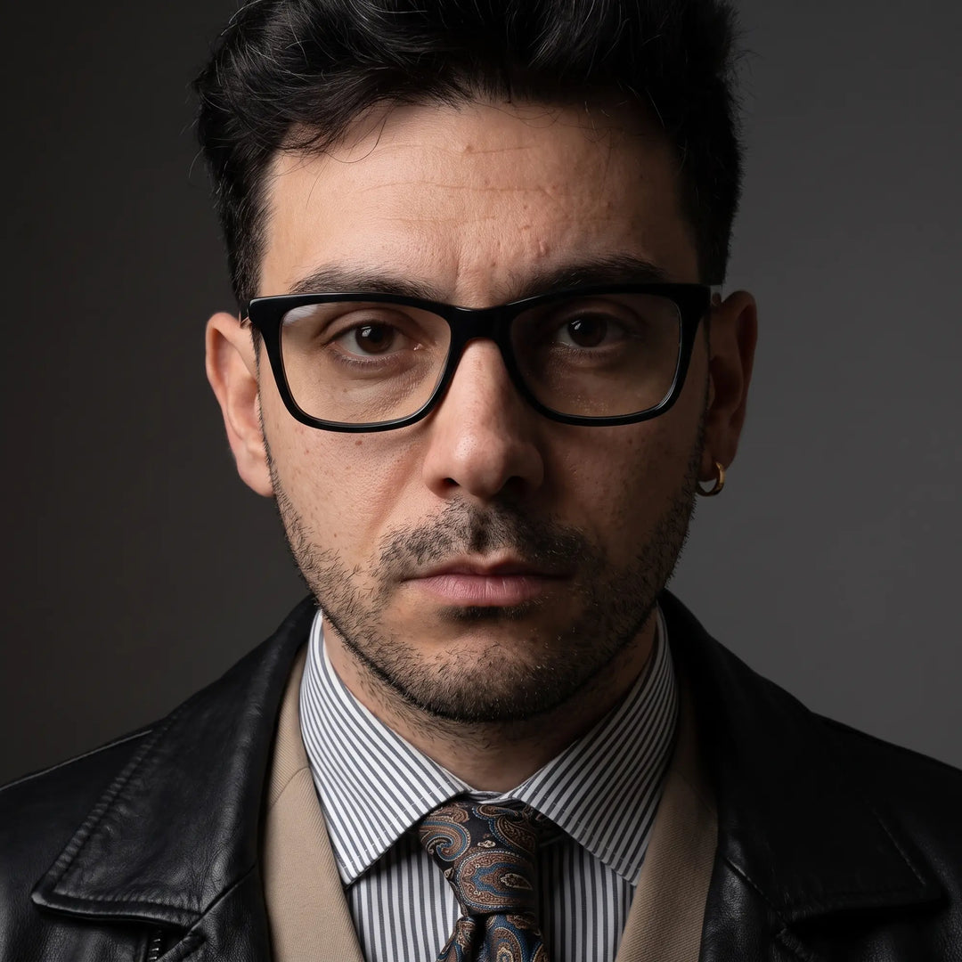 Anteojos Fiore 5228 en verde, en modelo – retrato de campaña, minimal studio portrait in soft daylight