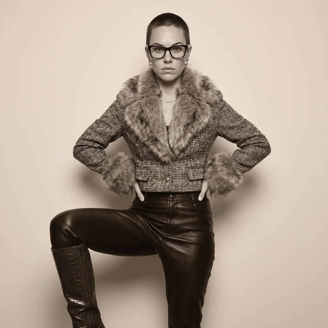 Anteojos Fiore 5228 en verde, en modelo – retrato de campaña, full-length studio portrait in tweed and leather