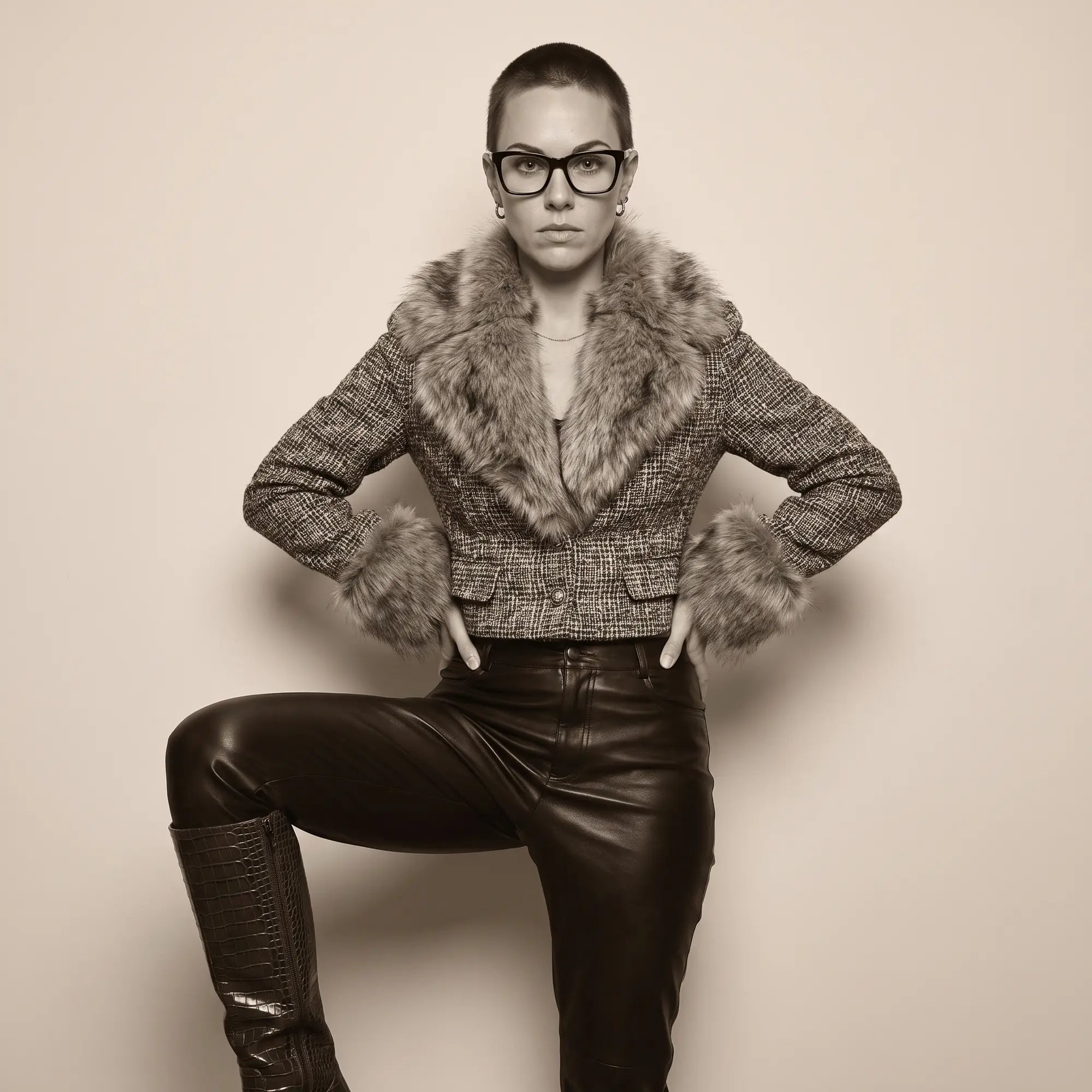 Anteojos Fiore 5228 en verde, en modelo – retrato de campaña, full-length studio portrait in tweed and leather