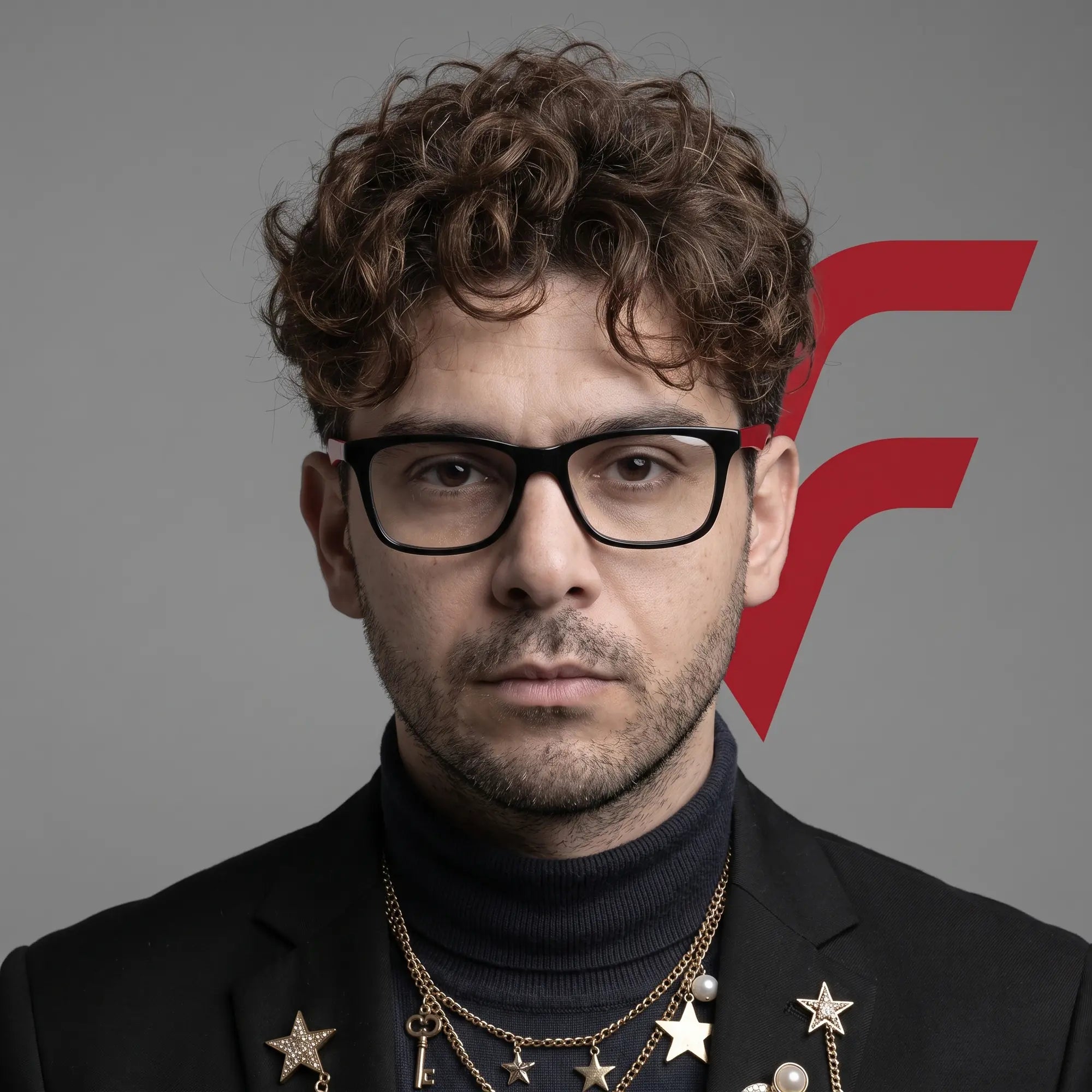 Anteojos Fiore 5228 en negro, en modelo – retrato de campaña, graphic studio portrait with bold red shapes