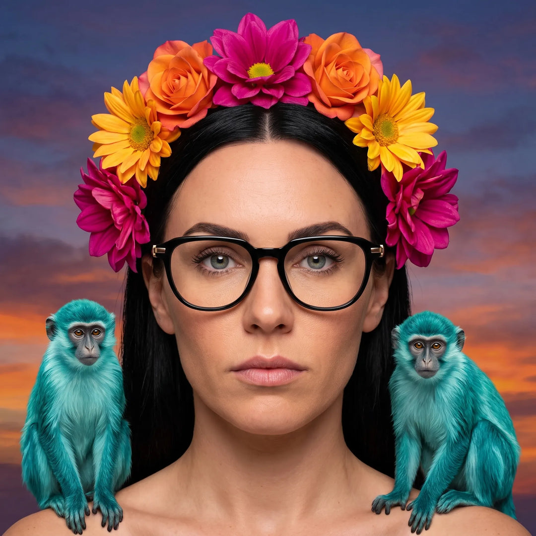 Anteojos Fiore 5409 en negro, en modelo – retrato de campaña, retrato pictórico surrealista con corona de flores
