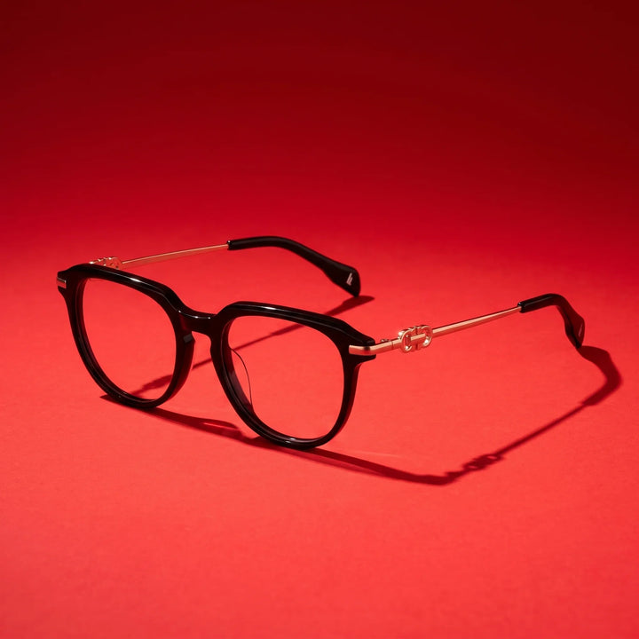 Anteojos Fiore 5409 en negro – editorial still life on a saturated vivid red set