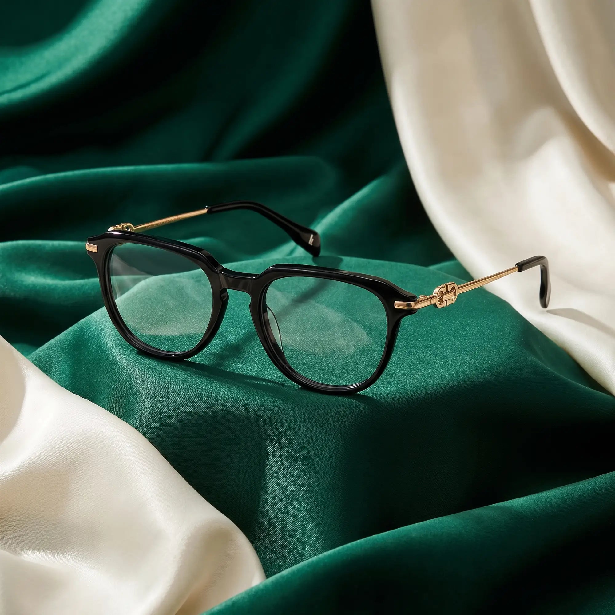 Anteojos Fiore 5409 en negro – resting on draped emerald and ivory silk