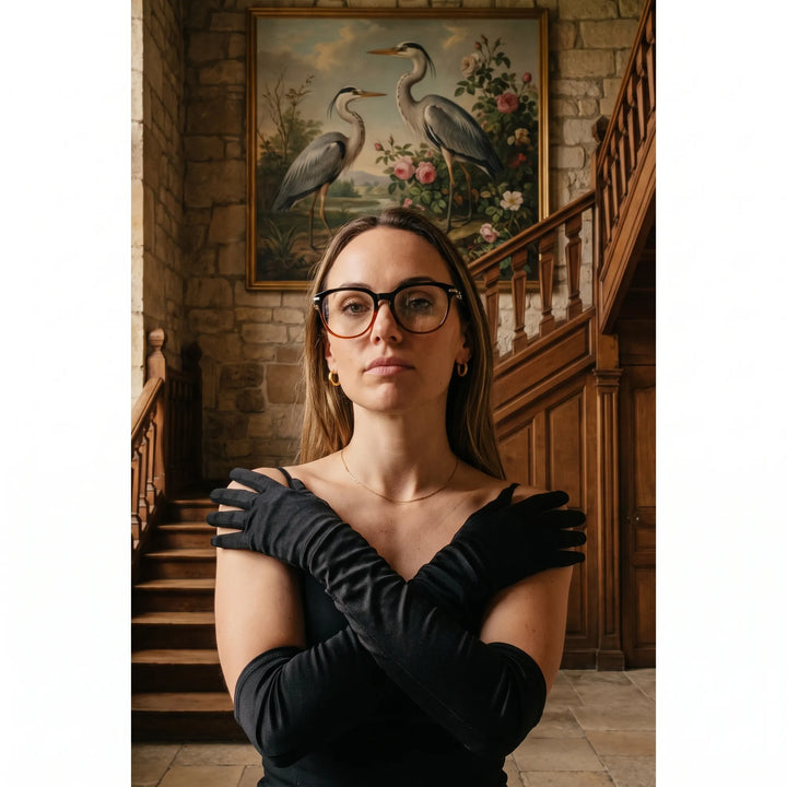 Anteojos Fiore 5409 en black brown, en modelo – retrato de campaña, interior señorial, pintura de garza y guantes de ópera