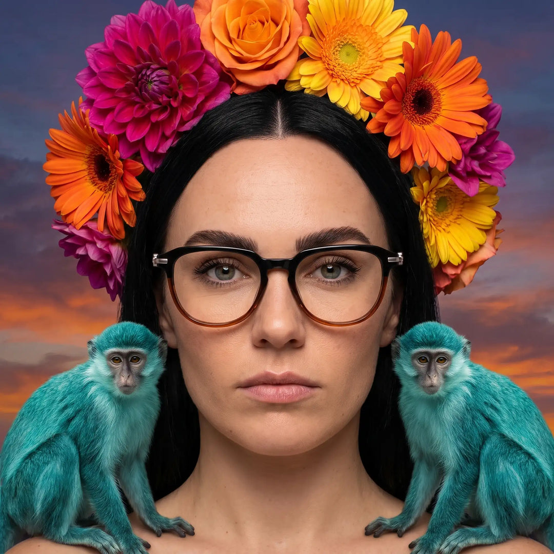 Anteojos Fiore 5409 en black brown, en modelo – retrato de campaña, retrato pictórico surrealista con corona de flores