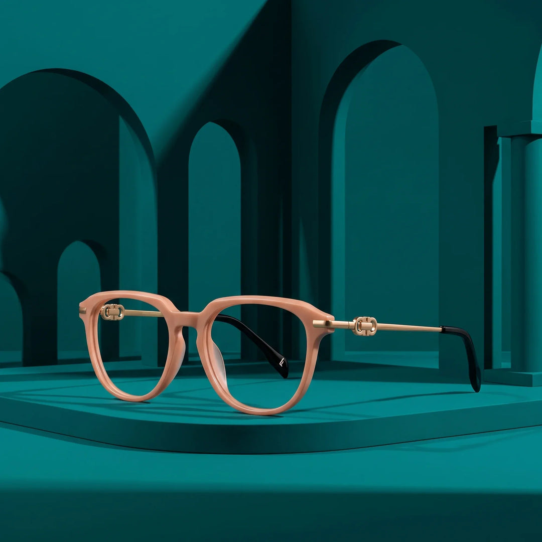 Anteojos Fiore 5409 en milky white – still life among monochrome teal arches