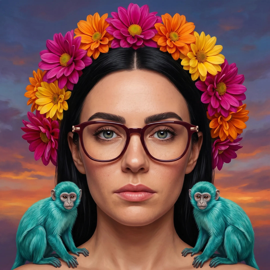 Anteojos Fiore 5409 en brown red, en modelo – retrato de campaña, retrato pictórico surrealista con corona de flores