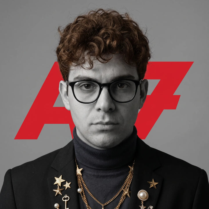 Anteojos Fiore 7046 en negro, en modelo – retrato de campaña, graphic studio portrait with bold red shapes