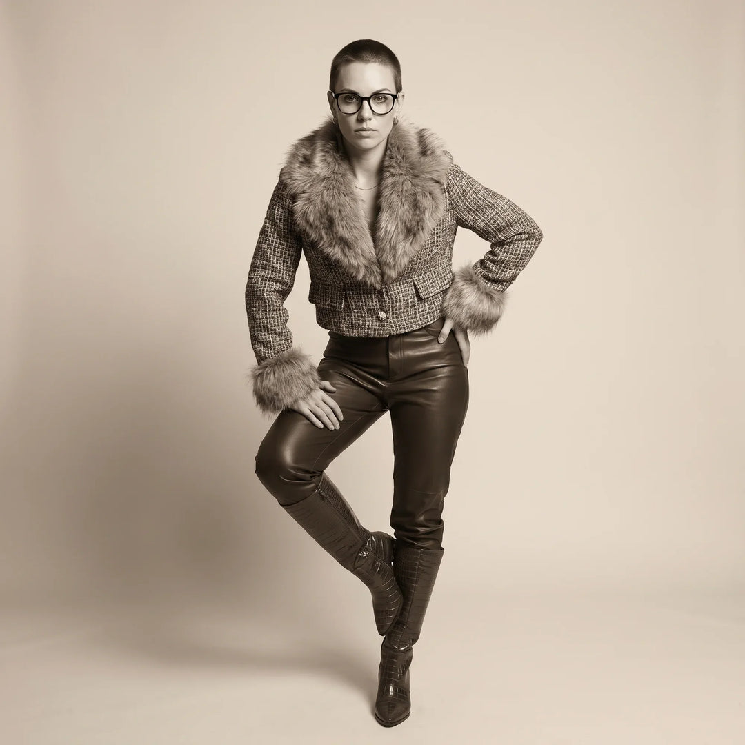 Anteojos Fiore 7046 en negro, en modelo – retrato de campaña, full-length studio portrait in tweed and leather