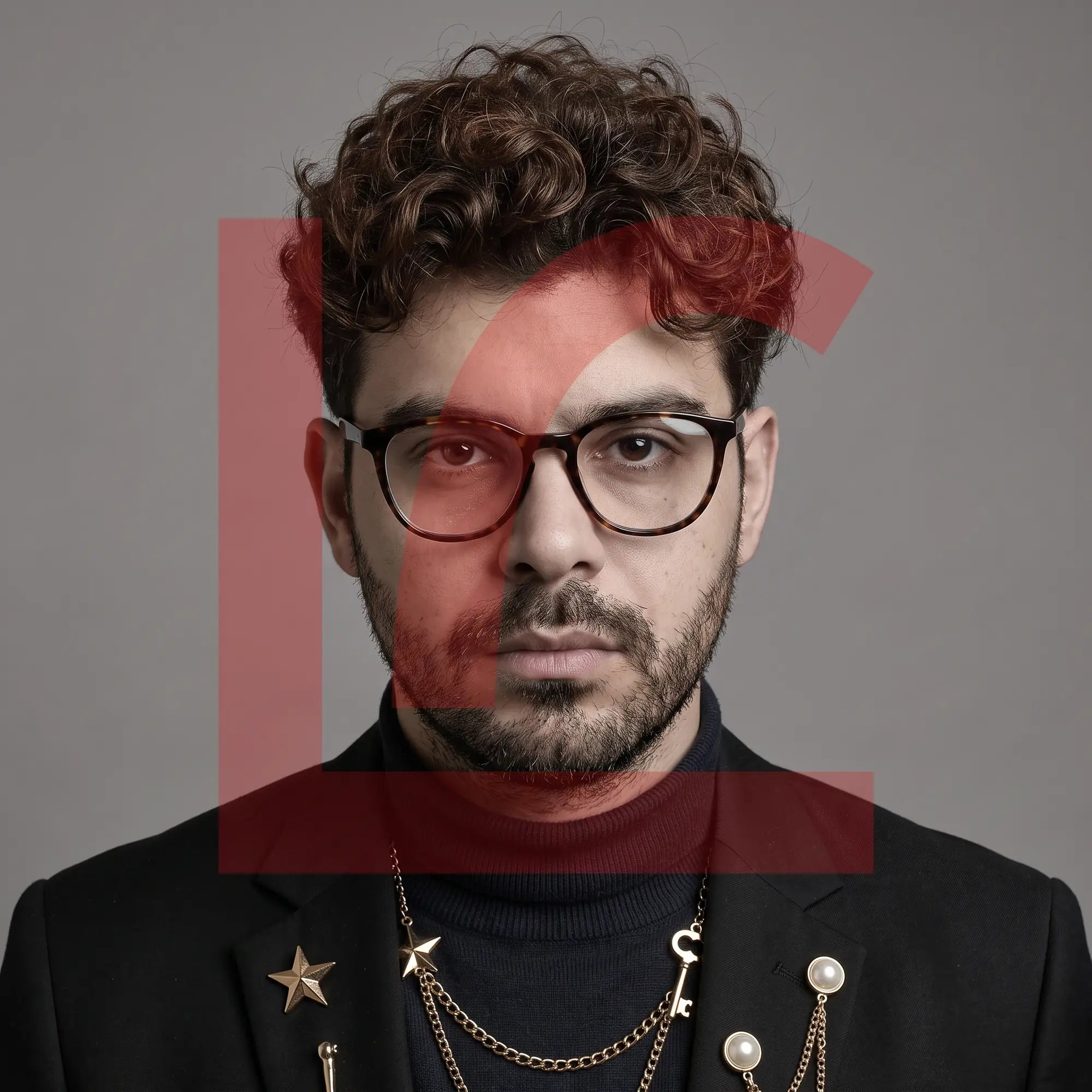Anteojos Fiore 7046 en tortoiseshell, en modelo – retrato de campaña, graphic studio portrait with bold red shapes