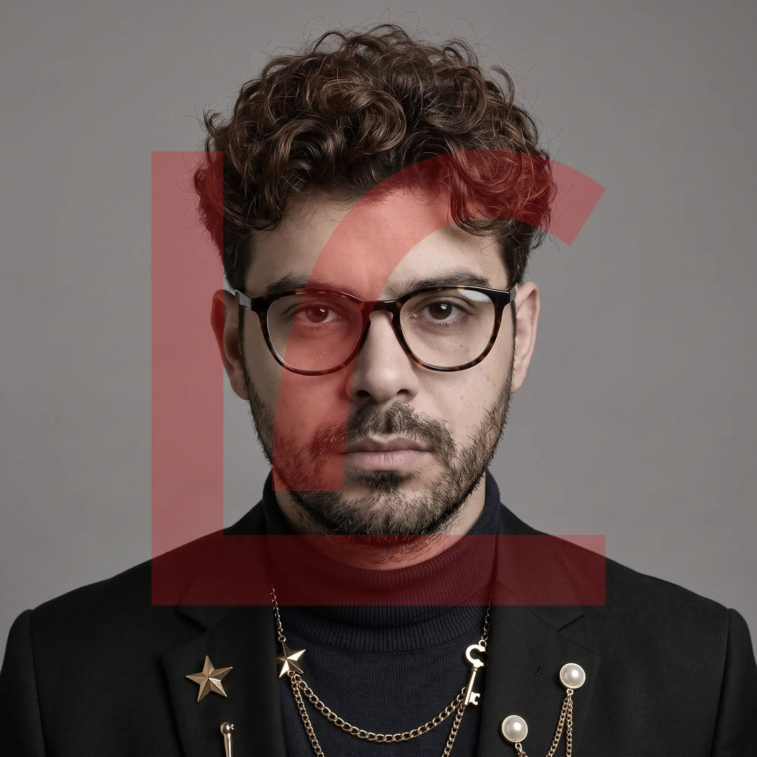 Anteojos Fiore 7046 en carey, en modelo – retrato de campaña, graphic studio portrait with bold red shapes