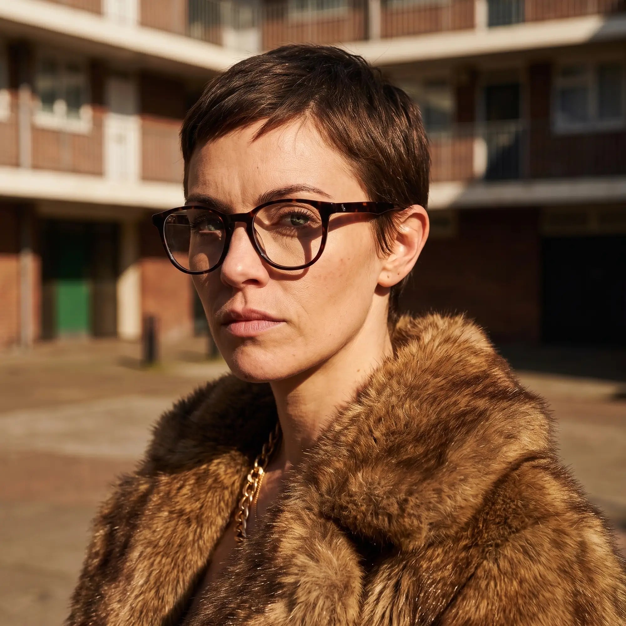 Anteojos Fiore 7046 en tortoiseshell, en modelo – retrato de campaña, street portrait rooted in city heritage