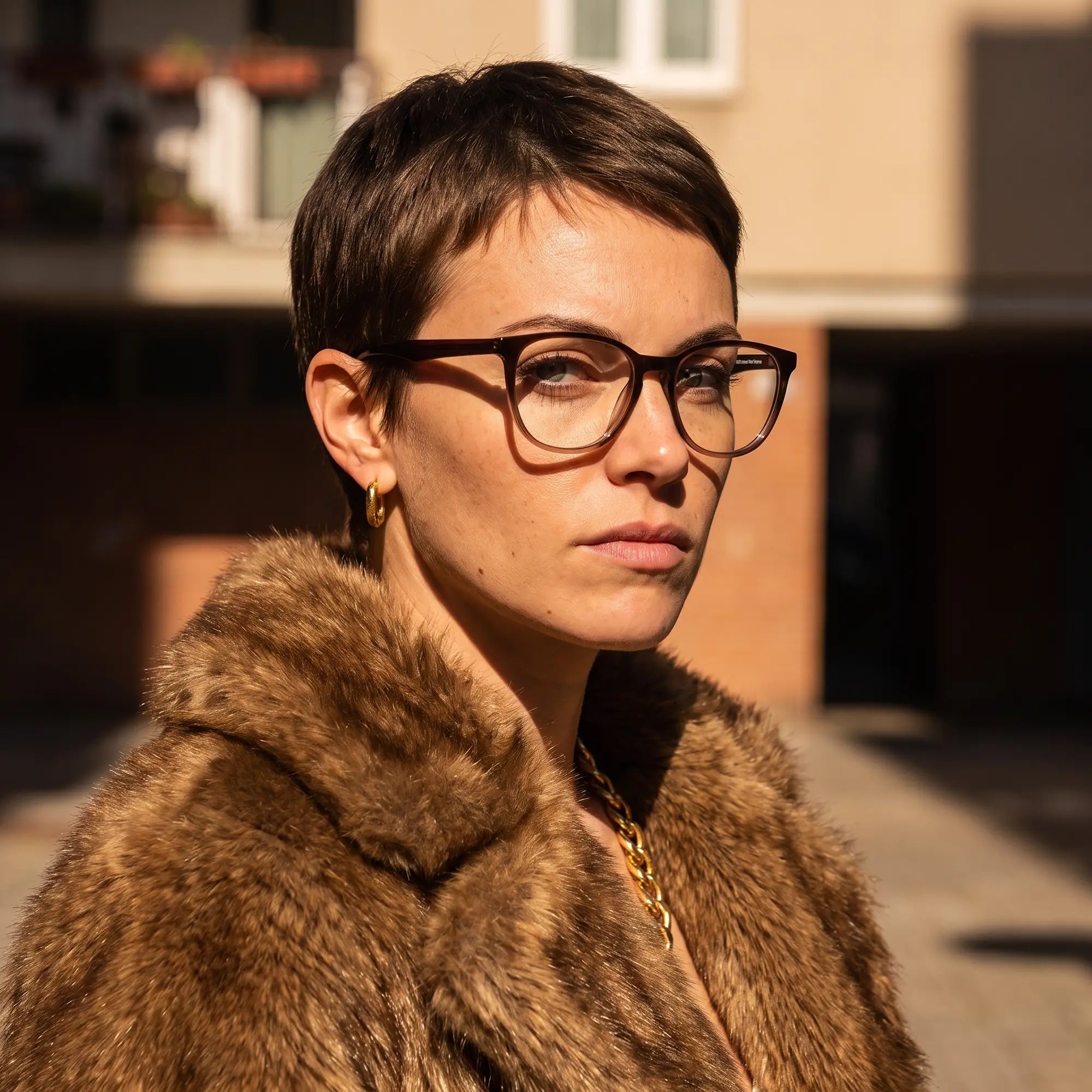Anteojos Fiore 7046 en gradual brown, en modelo – retrato de campaña, street portrait rooted in city heritage