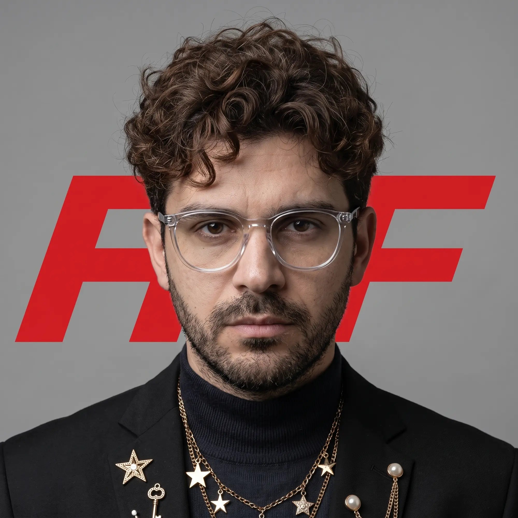 Anteojos Fiore 7046 en transparent, en modelo – retrato de campaña, graphic studio portrait with bold red shapes