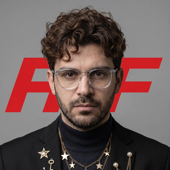Anteojos Fiore 7046 en transparente, en modelo – retrato de campaña, graphic studio portrait with bold red shapes