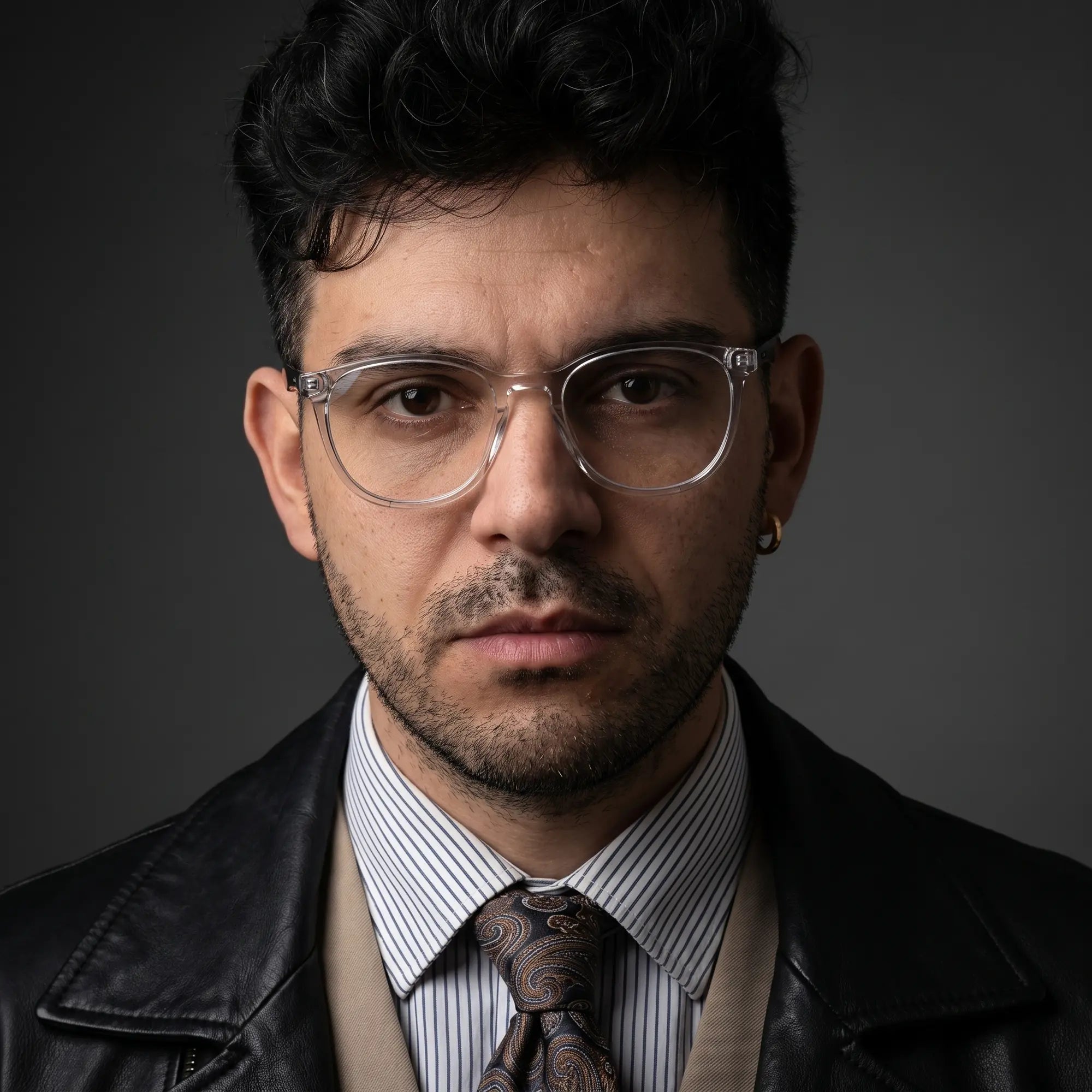 Anteojos Fiore 7046 en transparent, en modelo – retrato de campaña, minimal studio portrait in soft daylight