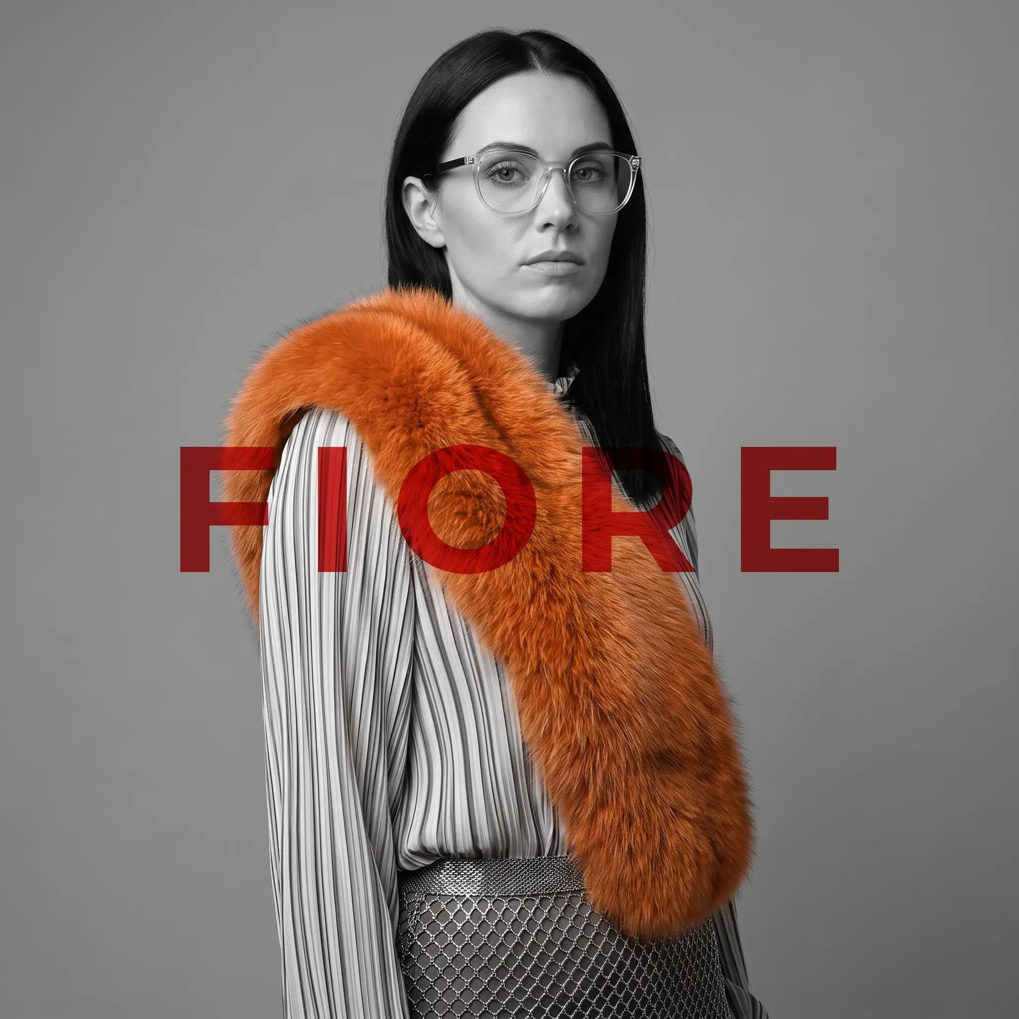 Anteojos Fiore 7046 en transparent, en modelo – retrato de campaña, bold studio pose in vintage tweed