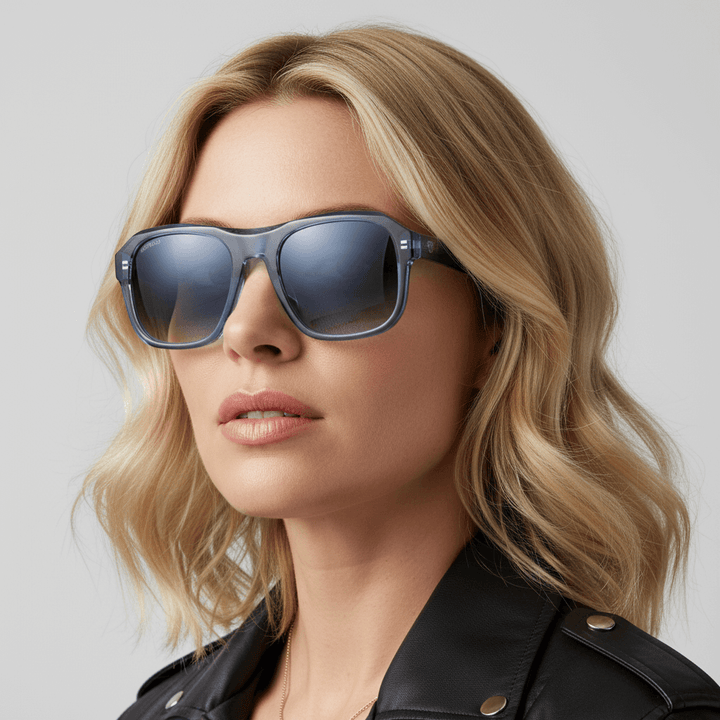 una modelo mujer rockera rubia de cara redonda usando lentes de sol rectangulares retro oversized vintage de #color_azul