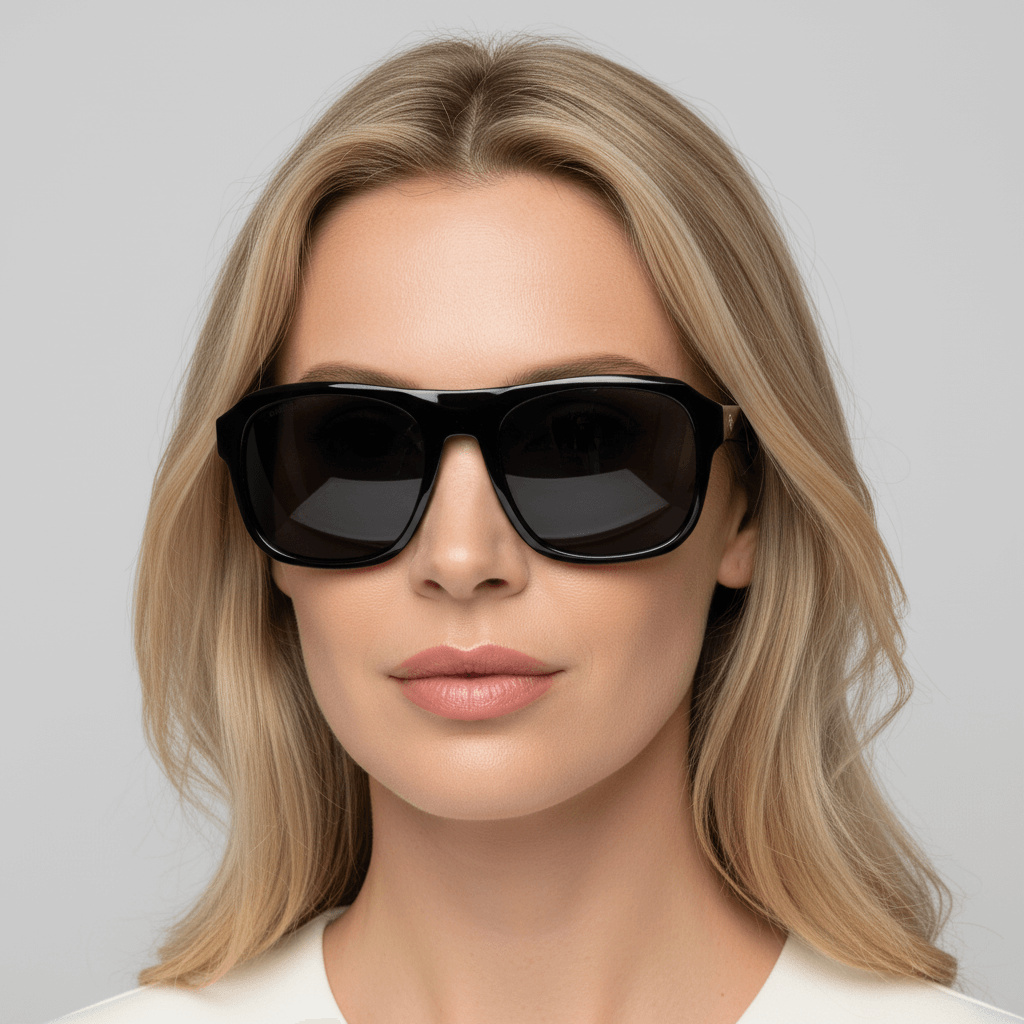 una modelo mujer rubia usando lentes de sol rectangulares bonoboss oversized xl #color_negro