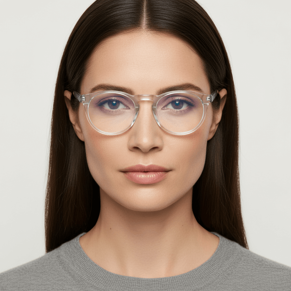 una mujer de cara ovalada redonda grande y pelo liso suelto usando armazones marcos opticos con receta y antireflejo Bonoboss en acetato sustentable biodegradable de forma redonda y #color_transparente