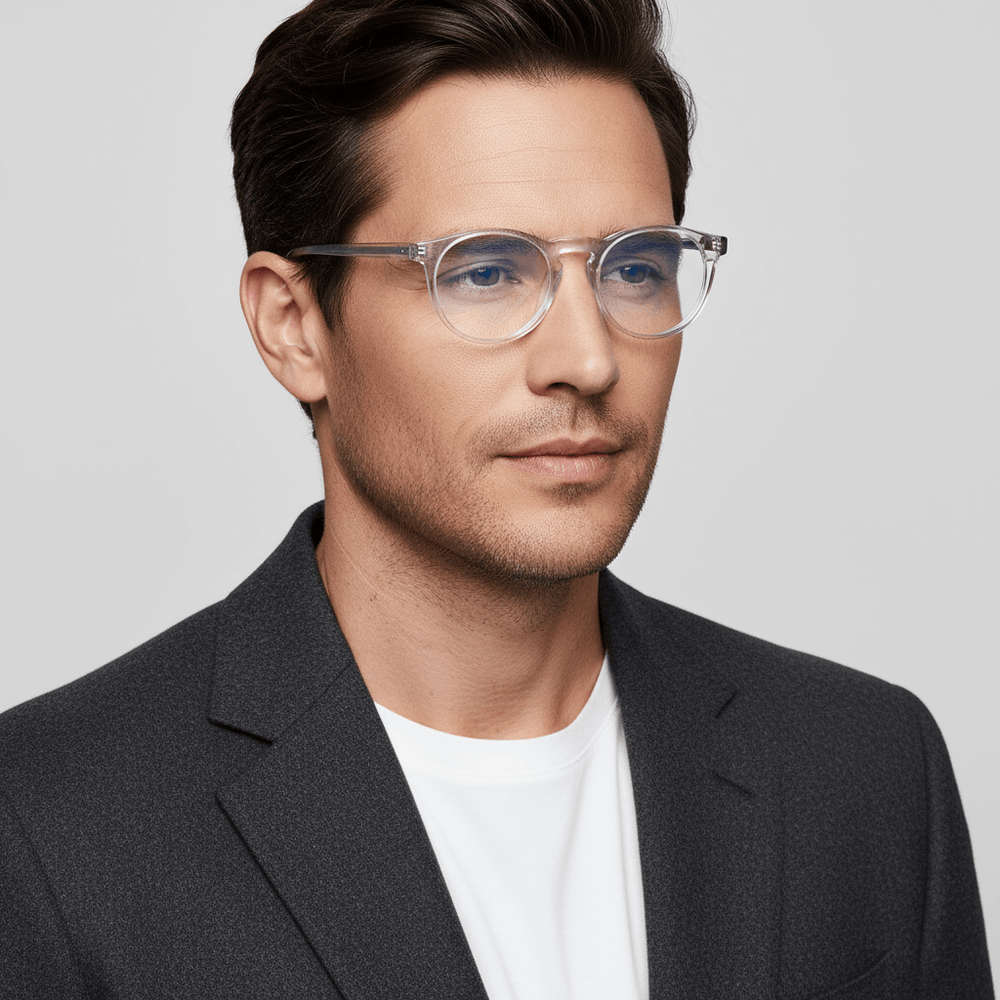 una mujer de cara ovalada redonda grande y pelo liso suelto usando armazones marcos opticos con receta y antireflejo Bonoboss en acetato sustentable biodegradable de forma redonda y #color_transparente