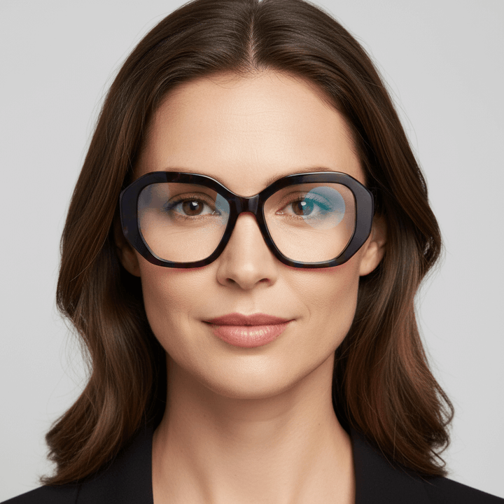 la vista frontal de una mujer de pelo castaño con el pelo ondulado suelto usando unos anteojos marcos opticos sustentables de acetato reciclado Bonoboss de color morado  #color_space