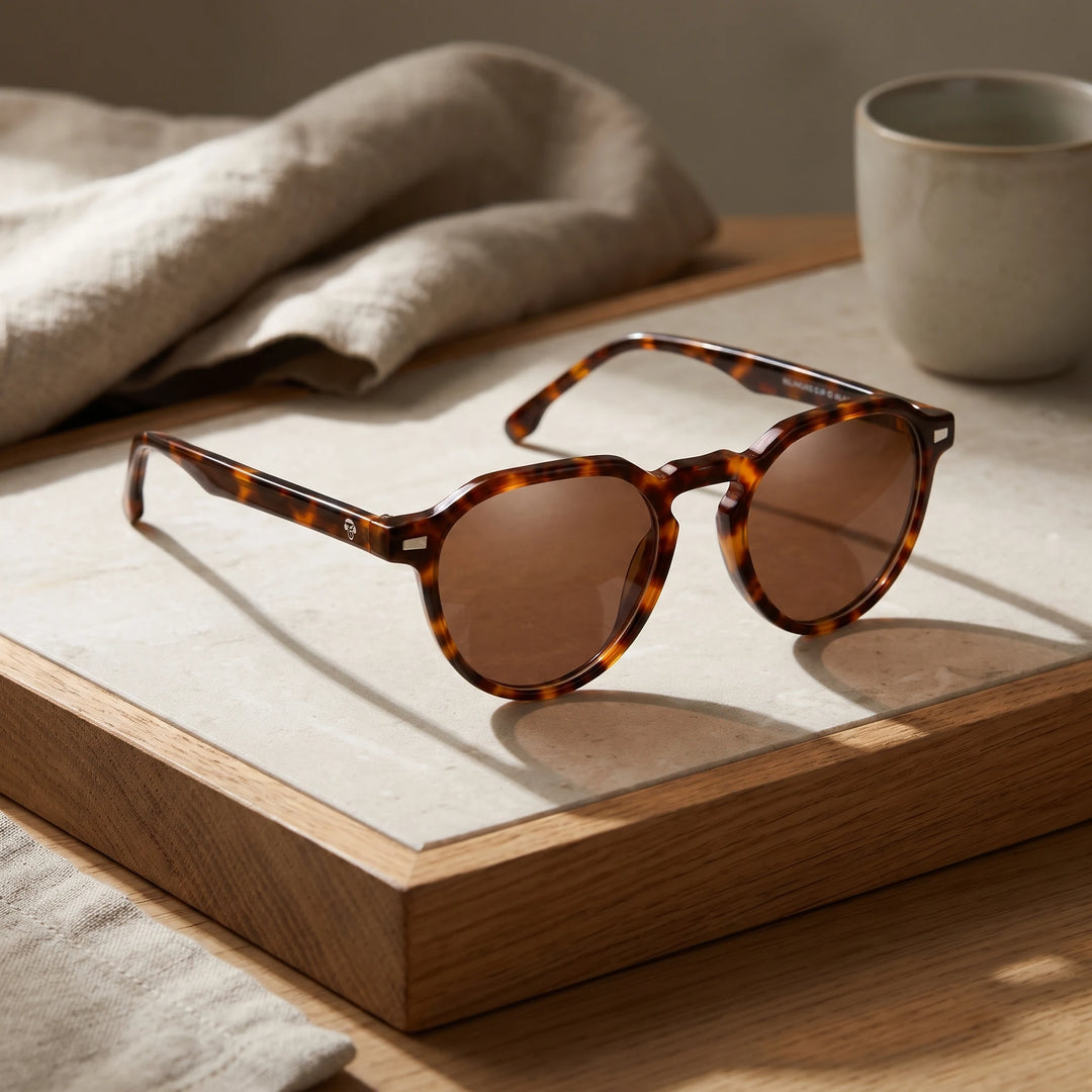 Lentes de sol Bonoboss Galápagos Carey sobre piedra y roble con luz de ventana #editorial_sustentabilidad #color_carey
