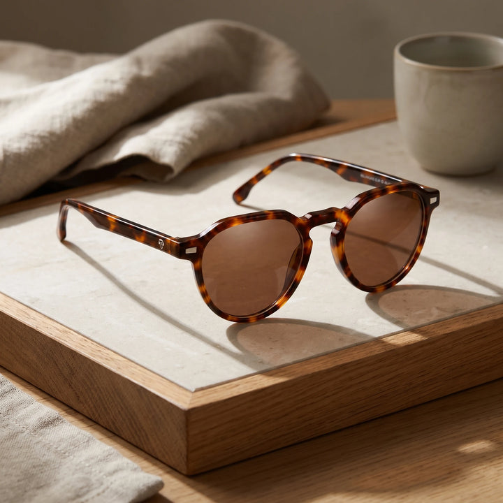 Lentes de sol Bonoboss Galápagos Carey sobre piedra y roble con luz de ventana #editorial_sustentabilidad #color_carey