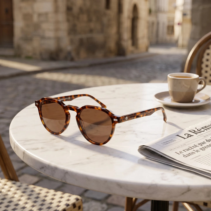 Lentes de sol Bonoboss Galápagos Carey sobre mesa de mármol en terraza de café #editorial_grid1 #color_carey