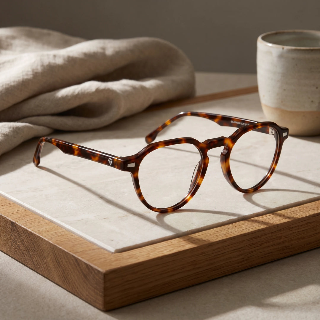 Lentes ópticos Bonoboss Galápagos Carey sobre piedra y roble con luz de ventana #editorial_sustentabilidad #color_carey