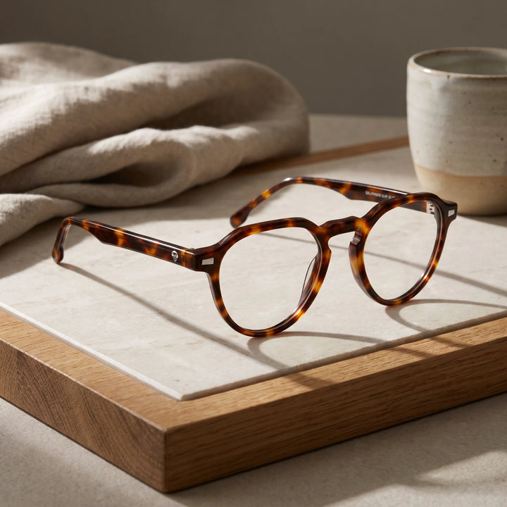 Lentes ópticos Bonoboss Galápagos Carey sobre piedra y roble con luz de ventana #editorial_sustentabilidad #color_carey