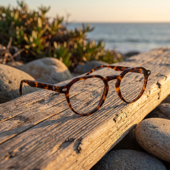Lentes ópticos Bonoboss Galápagos Carey sobre madera y rocas junto al mar al atardecer #editorial_lifestyle3 #color_carey