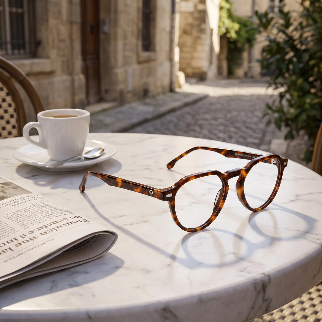 Lentes ópticos Bonoboss Galápagos Carey sobre mesa de mármol en terraza de café #editorial_lifestyle1 #color_carey
