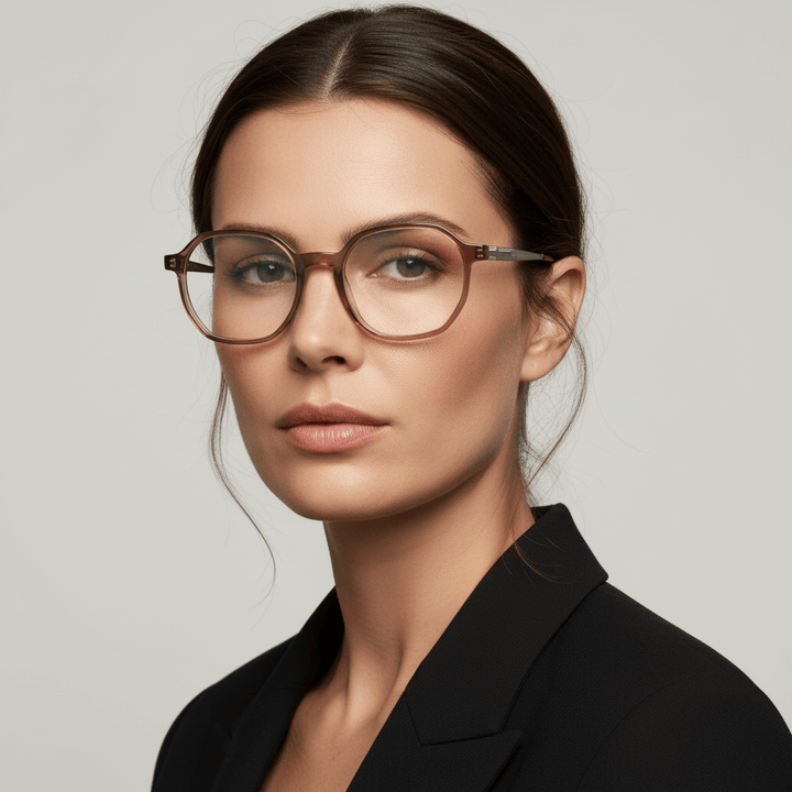 la vista lateral de una mujer de cara redonda usando anteojos marcos armazones opticos de marca Bonoboss de color peach de acetato biodegradable sustentable con patas de acero inoxidable #color_blonde-crystal