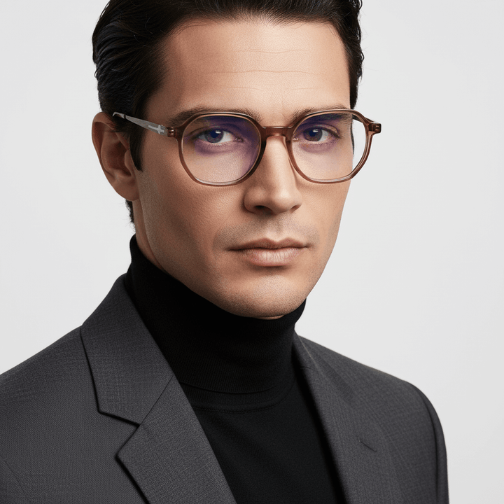 la vista lateral de un hombre de cara ovalada cuadrada usando anteojos marcos armazones opticos de marca Bonoboss de color peach de acetato biodegradable sustentable con patas de acero inoxidable #color_blonde-crystal