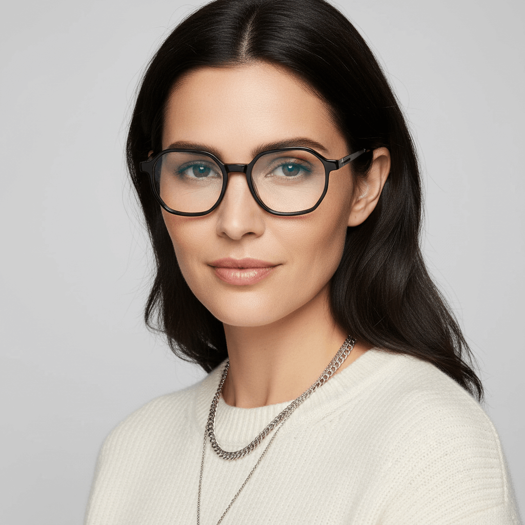 la vista lateral de una mujer de cara redonda usando anteojos marcos armazones opticos de marca Bonoboss de color peach de acetato biodegradable sustentable con patas de acero inoxidable #color_blonde-crystal