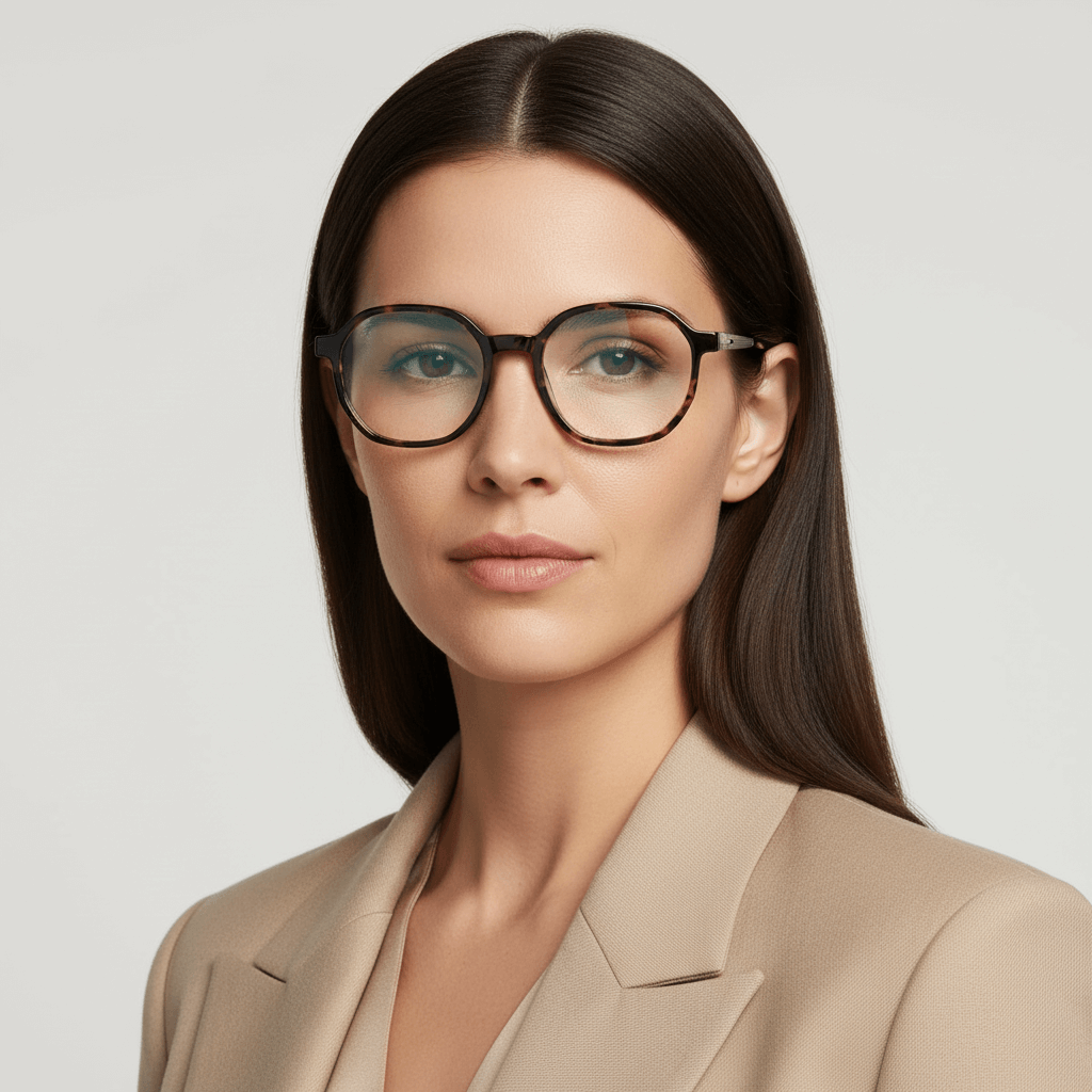 la vista lateral de una mujer de cara redonda usando anteojos marcos armazones opticos de marca Bonoboss de color peach de acetato biodegradable sustentable con patas de acero inoxidable #color_blonde-crystal