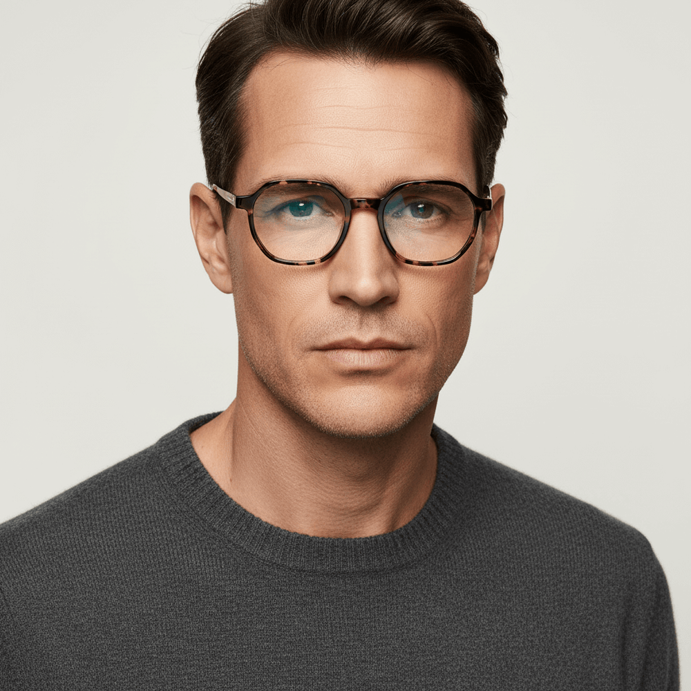 la vista lateral de un hombre de cara ovalada cuadrada usando anteojos marcos armazones opticos de marca Bonoboss de color peach de acetato biodegradable sustentable con patas de acero inoxidable #color_blonde-crystal