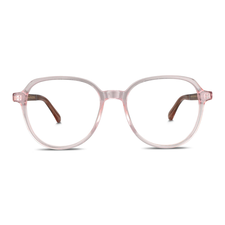 armazones anteojos octagonales redondos en acetato de color rosado lechoso con varillas de madera natural sustentable reciclada de color cafe nogal y terminacion de acetato carey. Anteojos para hombre y mujer vista frontal#color_rosado