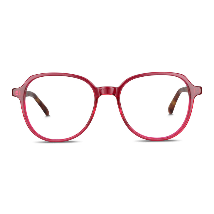 armazones anteojos octagonales redondos en acetato de color rojo con varillas de madera natural sustentable reciclada de color cafe nogal y terminacion de acetato carey. Anteojos para hombre y mujer vista frontal