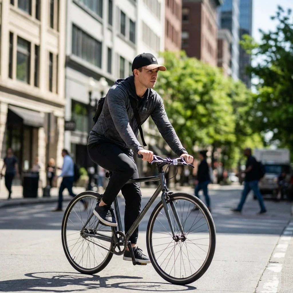 Gorro de corcho ecológico andando en bicicleta urbana Bonoboss