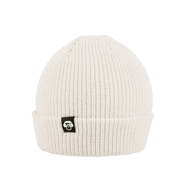 beanie invierno redondo de color blanco con logo de color negro. Gorros para el invierno hechos de material sustentable reciclado regalo corporativo. mayorista distribuidor de regalos corporativos sustentables ecologicos