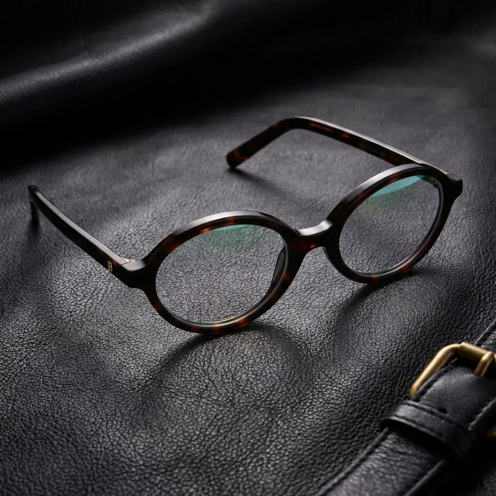 Lentes opticos Guapi Carey sobre cuero negro con detalle brass dorado antirreflex receta optica bio-acetato Bonoboss #editorial_cuero-brass #color_carey