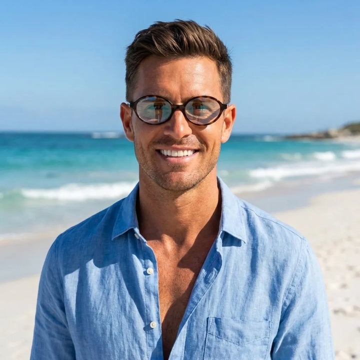 Lentes opticos Guapi Carey hombre en playa oceano estilo costero antirreflex receta optica bio-acetato Bonoboss #editorial_hombre-playa #color_carey